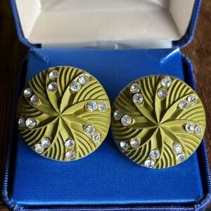 Vintage Resin Swirl Rhinestone Green and Silver Clip-On Earrings